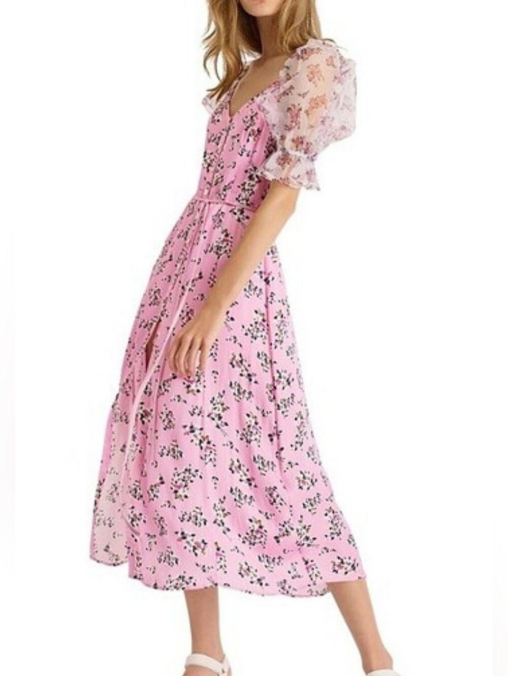 French Connection Pink Floral Puff Sleeve Midi Dress